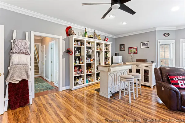 a living room with furniture ceiling fan and a rug
