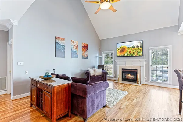 a living room with furniture and a fireplace