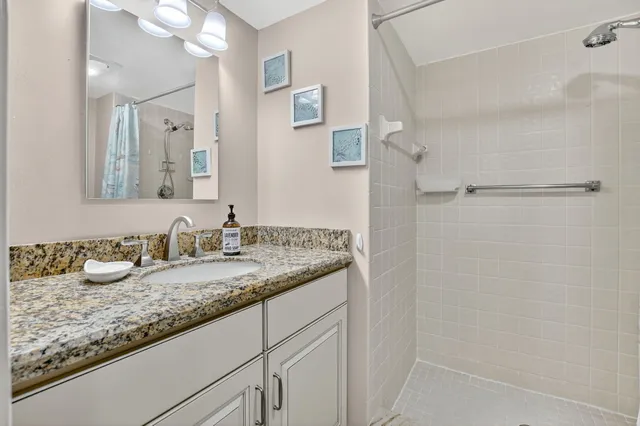 a bathroom with a shower and a toilet