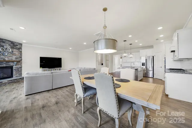 a view of a dining room with furniture