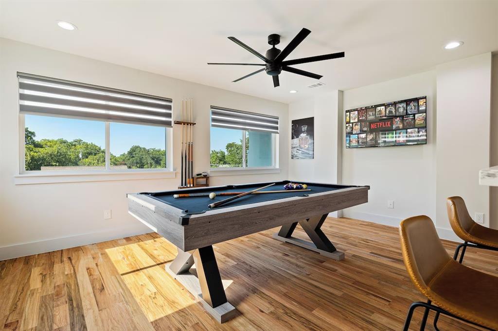 5942 Prospect Avenue Dallas, TX 75206 - Photo 20 of 25 Rec room with billiards table, light wood-style flooring, recessed lighting, and a ceiling fan