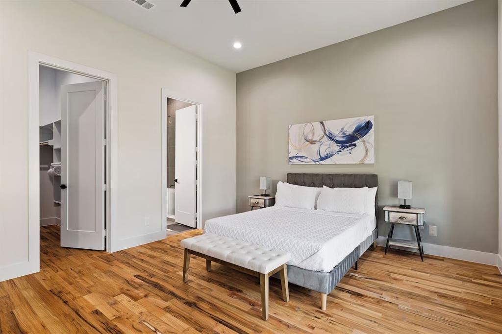 5942 Prospect Avenue Dallas, TX 75206 - Photo 5 of 25 Bedroom with light wood-style flooring, a walk in closet, recessed lighting, and a ceiling fan