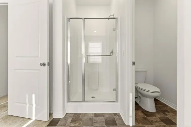 a bathroom with a shower and a toilet