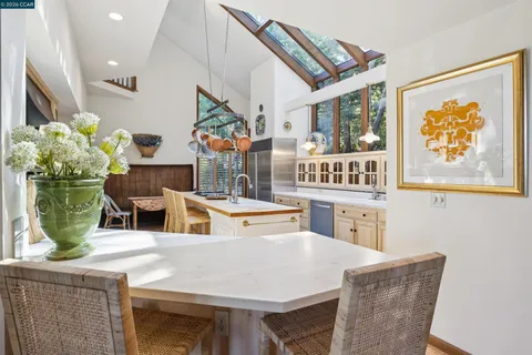 a dining table with chairs and potted plant
