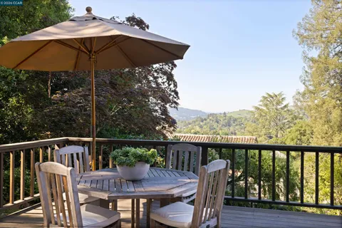 a view of a patio with a table chairs and a umbrella
