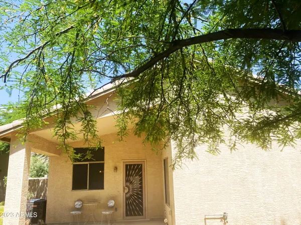 a front view of a house with a tree