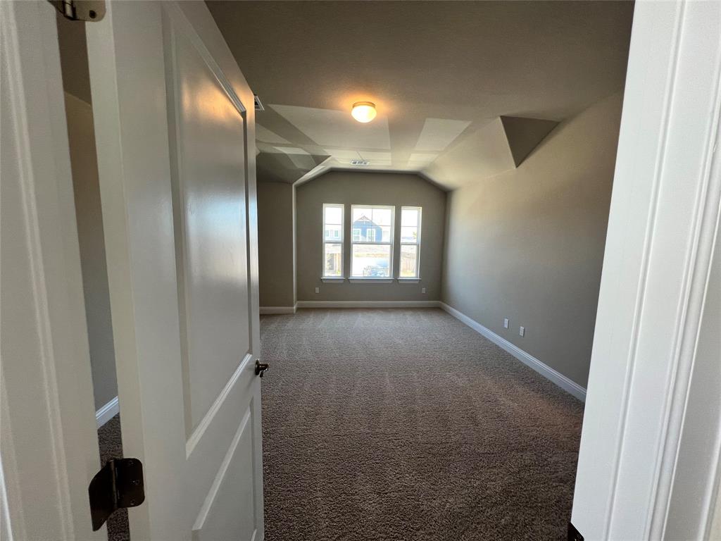 128 Free Stone Drive Georgetown, TX 78628 - Photo 19 of 29 Spacious room featuring vaulted ceilings with architectural details, neutral-toned walls, plush carpet flooring, and a multi-panel window offering natural light