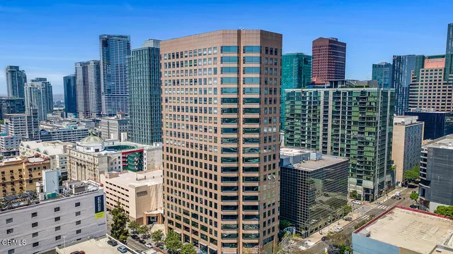 a city view with tall buildings