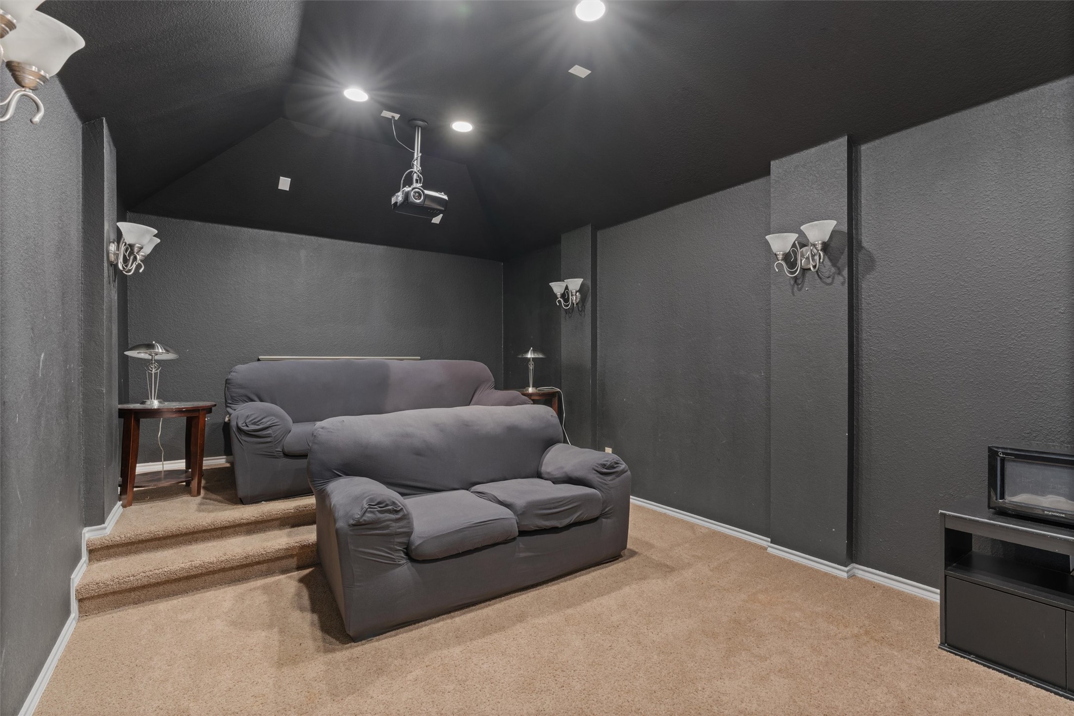 400 Red Hawk Drive Leander, TX 78641 - Photo 22 of 36 Home theater room featuring light colored carpet, a textured wall, and lofted ceiling
