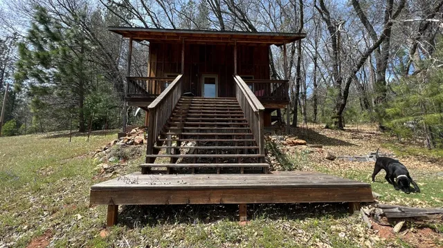 a view of a wooden deck with large trees