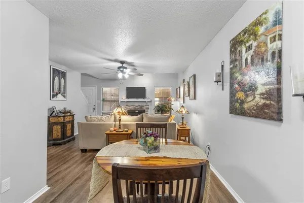 a view of a dining room with furniture