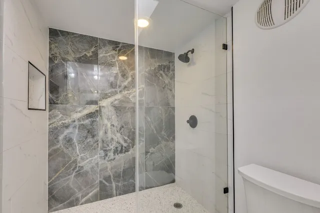 a bathroom with a shower and toilet