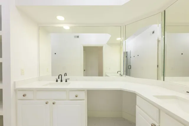 a bathroom with a shower sink vanity and mirror