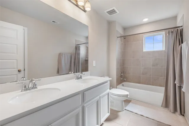 a bathroom with a double vanity sink toilet mirror and shower