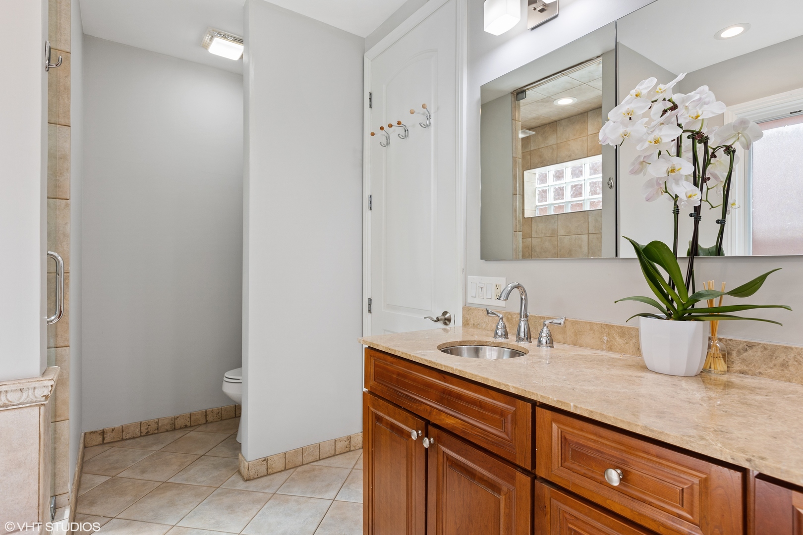 2038 West Race Avenue Chicago, IL 60612 - Photo 16 of 35 a bathroom with a granite countertop sink a potted plant and a mirror