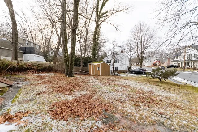 a backyard of a house with a large tree