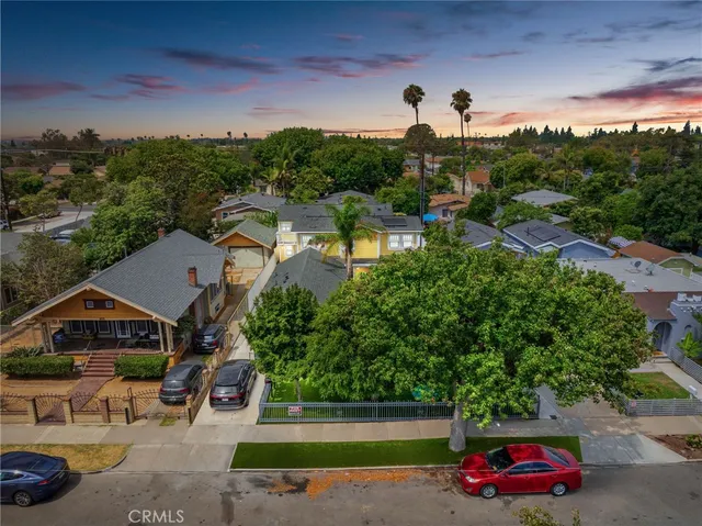 an aerial view of a house with a garden