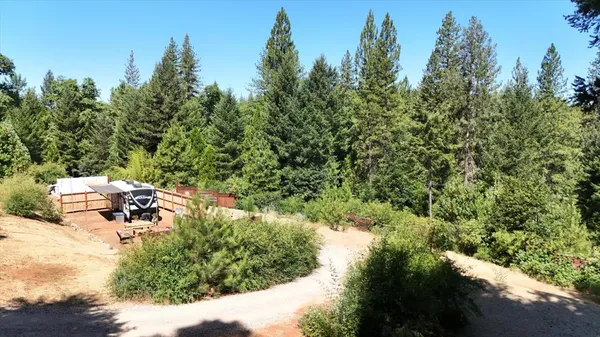 a view of a house with a yard and large trees