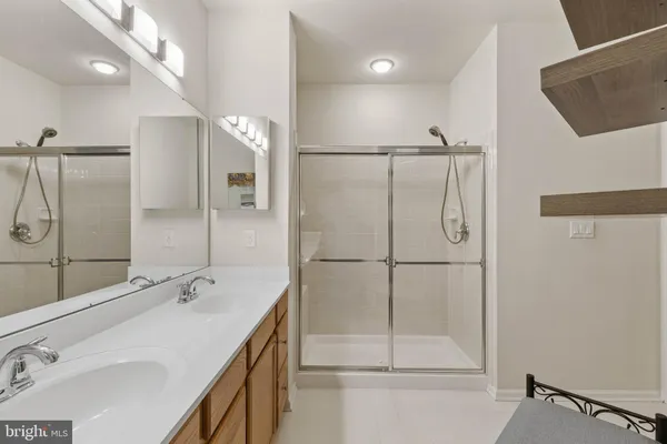 a bathroom with a double vanity sink mirror and shower