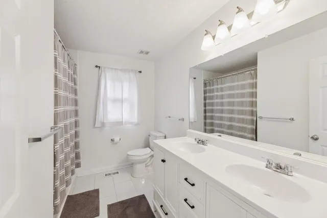 a bathroom with a double vanity sink mirror and toilet