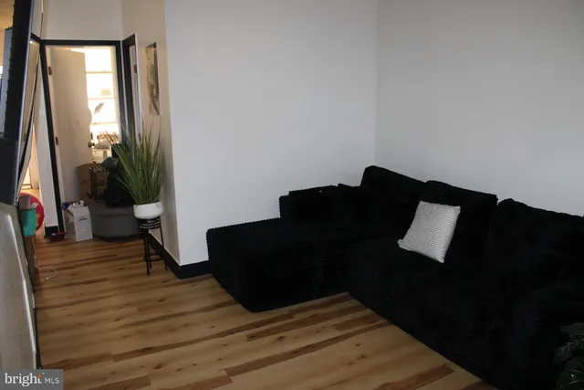 a living room with wooden floor and a potted plant