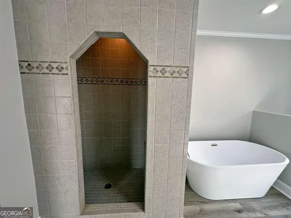 a bathroom with a bathtub and shower