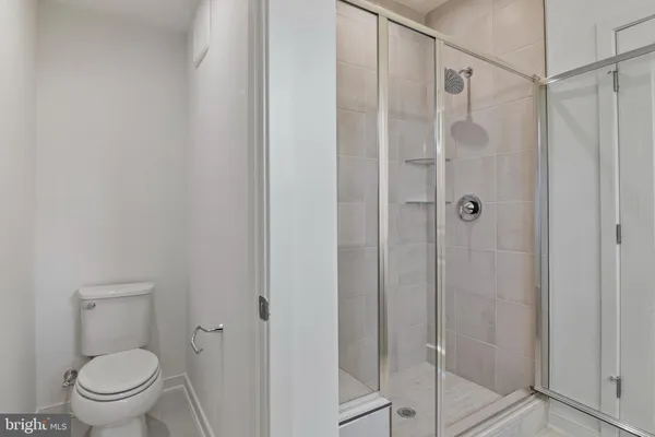 a bathroom with a shower and a toilet