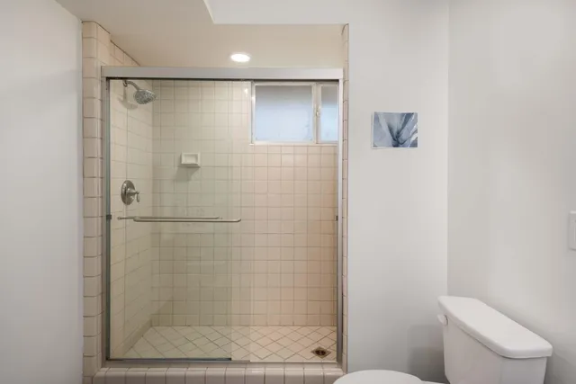 a bathroom with a shower and a toilet