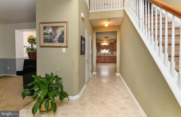 a hallway with beautiful frames and flower pot