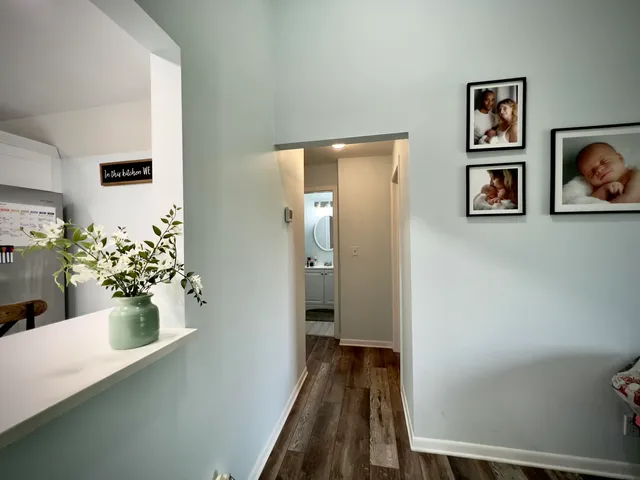 a view of a hallway with wooden floor and a potted plant