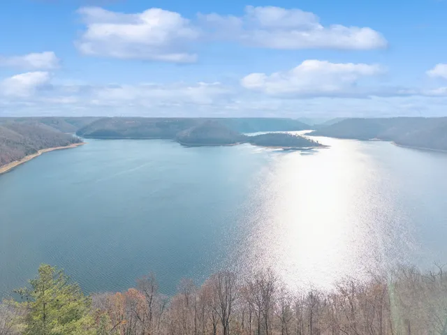 a view of a lake and mountain in the background