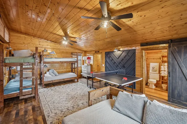 a gym with wooden cabinets