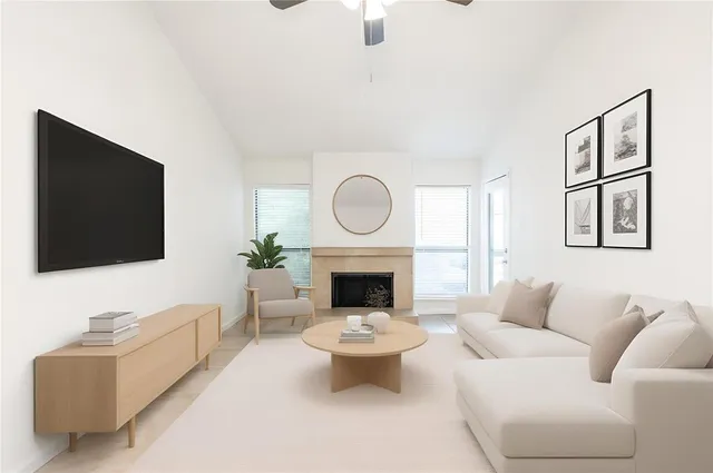 a view of a livingroom with a fireplace