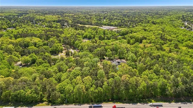 a view of a city with lush green forest