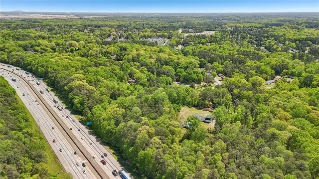 a view of a forest with a street