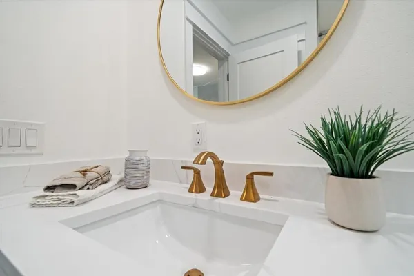 a bathroom with a sink a potted plant and a mirror