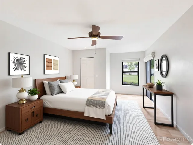 a bedroom with a bed wooden floor and a dresser