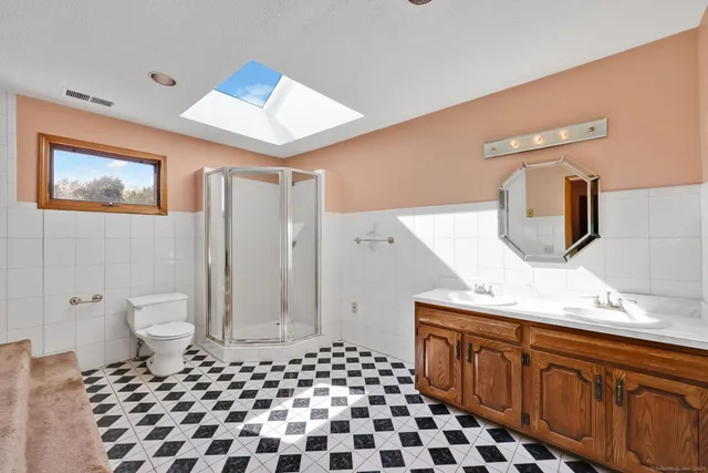 a bathroom with a sink a toilet and mirror