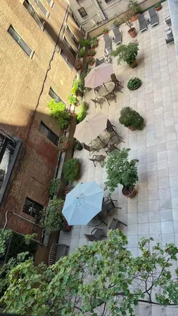 an aerial view of a house with a yard and potted plants
