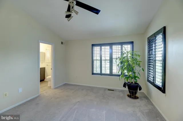 an empty room with windows and flower pot
