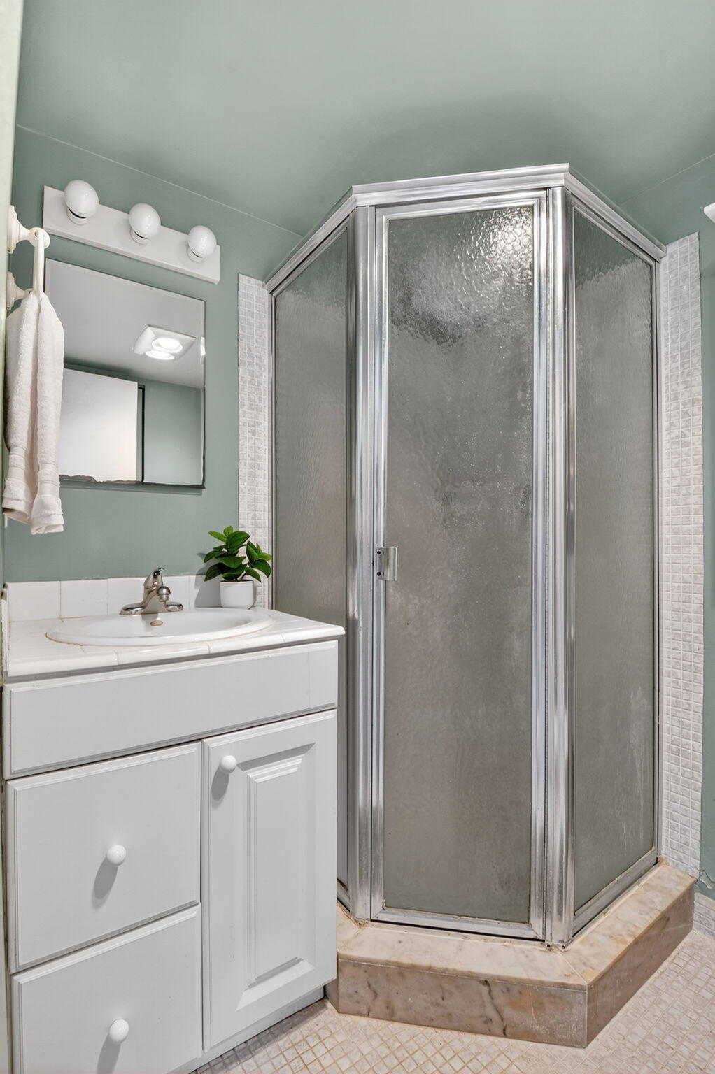 13682 Vía Flora, Unit D Delray Beach, FL 33484 - Photo 18 of 27 a bathroom with a shower sink and mirror