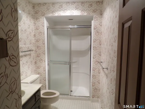 a bathroom with a shower and a toilet