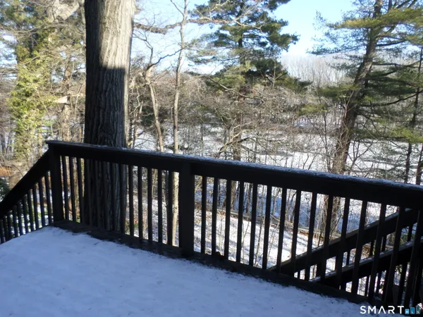 a view of a wooden balcony