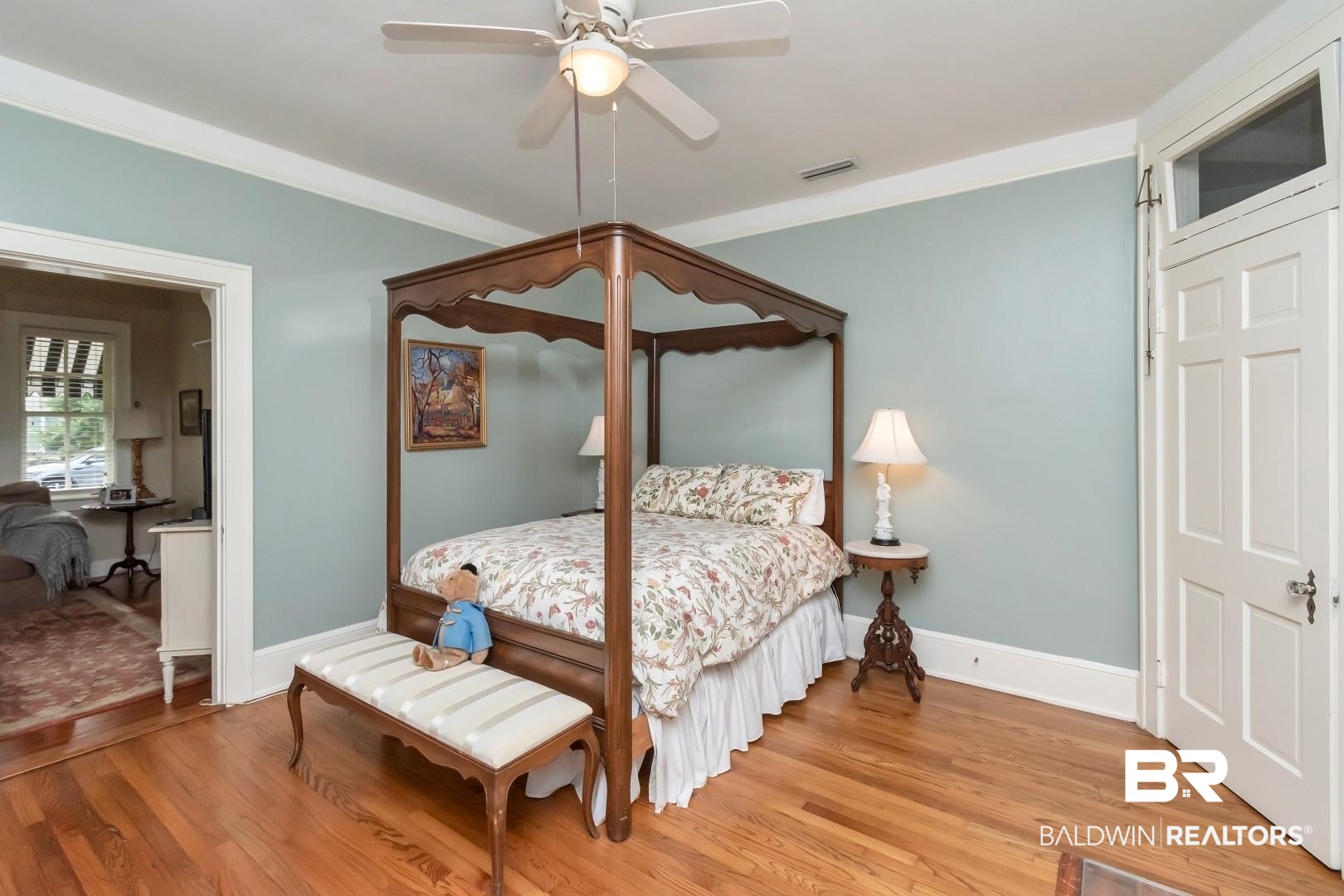 128 Silverwood Street Mobile, AL 36607 - Photo 20 of 34 Bedroom featuring light wood-type flooring, crown molding, and ceiling fan