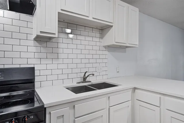 a kitchen with a sink and cabinets
