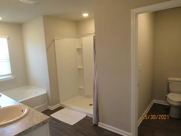 a bathroom with a shower and a toilet