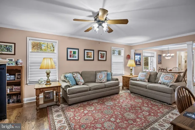 a living room with furniture and a lamp
