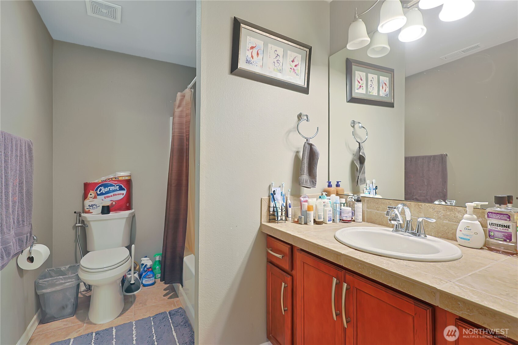 11107 Southeast 162nd Street, Unit B Renton, WA 98055 - Photo 10 of 15 a bathroom with a granite countertop sink and a mirror