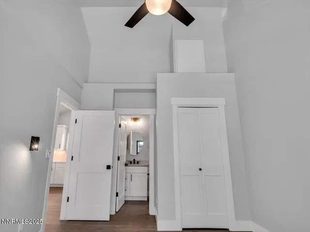 a kitchen with a cabinets and fireplace