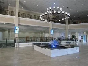 a view of a lobby with a chandelier
